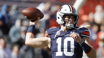 Nov 13, 2021; Auburn, Alabama, USA; Auburn Tigers quarterback Bo Nix (10) warms up before the game against the Mississippi State Bulldogs at Jordan-Hare Stadium. Mandatory Credit: John Reed-USA TODAY Sports