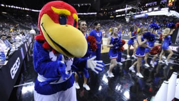 KANSAS CITY, MO - MARCH 13: Baby Jay the Kansas Jayhawks mascot entertains prior to a game against the Baylor Bears during the semifinals round of the Big 12 basketball tournament at Sprint Center on March 13, 2015 in Kansas City, Missouri. (Photo by Ed Zurga/Getty Images)