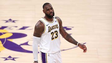 LOS ANGELES, CALIFORNIA - MAY 30: LeBron James #23 of the Los Angeles Lakers looks on during the second half of Game Four of the Western Conference first-round playoff series against the Phoenix Suns at Staples Center on May 30, 2021 in Los Angeles, California. NOTE TO USER: User expressly acknowledges and agrees that, by downloading and or using this photograph, User is consenting to the terms and conditions of the Getty Images License Agreement. (Photo by Sean M. Haffey/Getty Images)