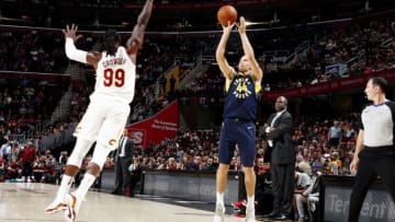 CLEVELAND, OH - OCTOBER 6: Bojan Bogdanovic #44 of the Indiana Pacers shoots the ball during the preseason game against the Cleveland Cavaliers on October 6, 2017 at Quicken Loans Arena in Cleveland, Ohio. NOTE TO USER: User expressly acknowledges and agrees that, by downloading and or using this Photograph, user is consenting to the terms and conditions of the Getty Images License Agreement. Mandatory Copyright Notice: Copyright 2017 NBAE (Photo by Nathaniel S. Butler/NBAE via Getty Images)