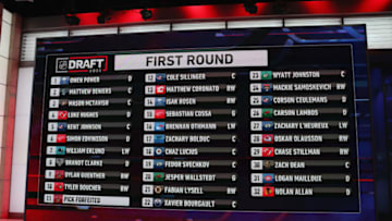 SECAUCUS, NEW JERSEY - JULY 23: A general view of the draft board from the first round of the 2021 NHL Entry Draft at the NHL Network studios on July 23, 2021 in Secaucus, New Jersey. (Photo by Bruce Bennett/Getty Images)