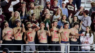 CHESTNUT HILL, MA - SEPTEMBER 13: A group of Boston College fans enjoying the Boston College vs. Kansas University Game at Boston College Alumni Stadium in Chestnut Hill, MA on September 13, 2019. (Photo by Malcolm Hope/Icon Sportswire via Getty Images)