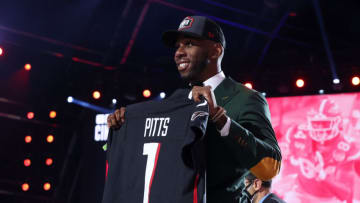 CLEVELAND, OHIO - APRIL 29: Kyle Pitts poses onstage after being selected fourth by the Atlanta Falcons during round one of the 2021 NFL Draft at the Great Lakes Science Center on April 29, 2021 in Cleveland, Ohio. (Photo by Gregory Shamus/Getty Images)