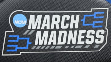 DAYTON, OHIO - MARCH 14: A detailed view of the March Madness logo is seen prior to the First Four of the NCAA Men's Basketball Tournament at University of Dayton Arena on March 14, 2023 in Dayton, Ohio. (Photo by Andy Lyons/Getty Images)