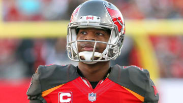 TAMPA, FL - DEC 31: Jameis Winston (3) of the Bucs watches the replay during the regular season game between the New Orleans Saints and the Tampa Bay Buccaneers on December 31, 2017 at Raymond James Stadium in Tampa, Florida. (Photo by Cliff Welch/Icon Sportswire via Getty Images)