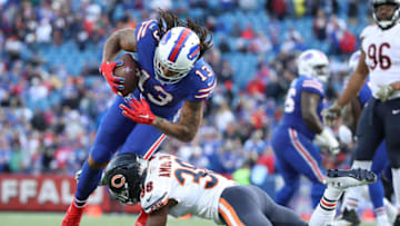BUFFALO, NY - NOVEMBER 04: Kelvin Benjamin #13 of the Buffalo Bills is tackled by Adrian Amos Jr. #38 of the Chicago Bears in the fourth quarter during NFL game action at New Era Field on November 4, 2018 in Buffalo, New York. (Photo by Tom Szczerbowski/Getty Images)