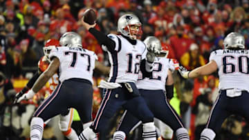 KANSAS CITY, MISSOURI - JANUARY 20: Tom Brady #12 of the New England Patriots passes in the second half against the Kansas City Chiefs during the AFC Championship Game at Arrowhead Stadium on January 20, 2019 in Kansas City, Missouri. (Photo by Peter Aiken/Getty Images)