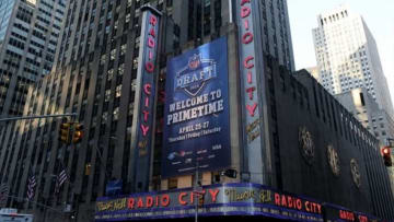 Apr 25, 2013; New York, NY, USA; A general view of the exterior of Radio City Music Hall before the 2013 NFL Draft. Mandatory Credit: Jerry Lai-USA TODAY Sports
