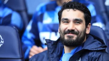 Manchester City's German midfielder Ilkay Gundogan reacts during the English Premier League football match between Manchester City and Leicester City at the Etihad Stadium in Manchester, north west England, on April 15, 2023. (Photo by Lindsey Parnaby / AFP) / RESTRICTED TO EDITORIAL USE. No use with unauthorized audio, video, data, fixture lists, club/league logos or 'live' services. Online in-match use limited to 120 images. An additional 40 images may be used in extra time. No video emulation. Social media in-match use limited to 120 images. An additional 40 images may be used in extra time. No use in betting publications, games or single club/league/player publications. / (Photo by LINDSEY PARNABY/AFP via Getty Images)