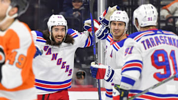 Mar 1, 2023; Philadelphia, Pennsylvania, USA; New York Rangers center Mika Zibanejad (93) celebrates his goal with left wing Chris Kreider (20) and right wing Vladimir Tarasenko (91) against the Philadelphia Flyers during the first period at Wells Fargo Center. Mandatory Credit: Eric Hartline-USA TODAY Sports