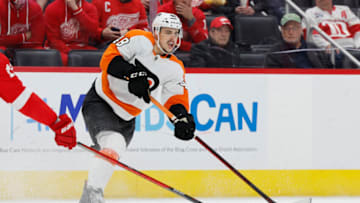 Mar 22, 2022; Detroit, Michigan, USA; Philadelphia Flyers center Morgan Frost (48) passes in the third period against the Detroit Red Wings at Little Caesars Arena. Mandatory Credit: Rick Osentoski-USA TODAY Sports