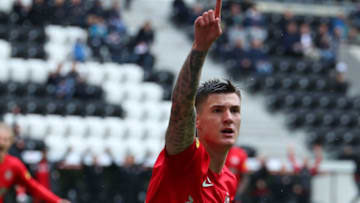 LINZ, AUSTRIA - MAY 14: Benjamin Sesko of Salzburg celebrating the goal to 0:1 during the Admiral Bundesliga match between LASK and FC Red Bull Salzburg at Raiffeisen Arena on May 14, 2023 in Linz, Austria. (Photo by Severin Aichbauer/SEPA.Media /Getty Images)