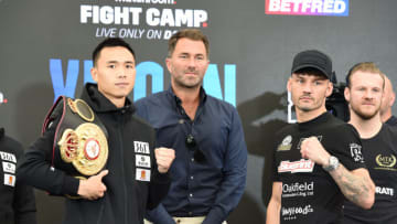 BRENTWOOD, ENGLAND - JULY 29: Can Xu and Leigh Wood ahead of their fight for the WBA World Feather weight title on July 29, 2021 in Brentwood, England. (Photo by Leigh Dawney/Getty Images)