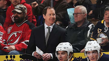 NEWARK, NJ - FEBRUARY 17: Head Coach Phil Housley of the Buffalo Sabres looks on during the game against the New Jersey Devils at Prudential Center on February 17, 2019 in Newark, New Jersey. (Photo by Andy Marlin/NHLI via Getty Images)