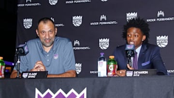 SACRAMENTO, CA - JUNE 24: The Sacramento Kings GM Vlade Divac and 2017 Draft Pick De'Aaron Fox address the media on June 24, 2017 at the Golden 1 Center in Sacramento, California. NOTE TO USER: User expressly acknowledges and agrees that, by downloading and/or using this Photograph, user is consenting to the terms and conditions of the Getty Images License Agreement. Mandatory Copyright Notice: Copyright 2017 NBAE (Photo by Rocky Widner/NBAE via Getty Images)