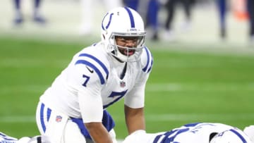 Dec 13, 2020; Paradise, Nevada, USA; Indianapolis Colts quarterback Jacoby Brissett (7) against the Las Vegas Raiders at Allegiant Stadium. Mandatory Credit: Mark J. Rebilas-USA TODAY Sports