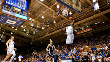 DURHAM, NC - DECEMBER 08: Zion Williamson #1 of the Duke Blue Devils goes up for a dunk against the Yale Bulldogs in the second half at Cameron Indoor Stadium on December 8, 2018 in Durham, North Carolina. (Photo by Lance King/Getty Images)