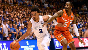 DURHAM, NORTH CAROLINA - MARCH 02: Tre Jones #3 of the Duke Blue Devils beats Zach Johnson #5 of the Miami Hurricanes off of the dribble during the second half of their game at Cameron Indoor Stadium on March 02, 2019 in Durham, North Carolina. Duke won 87-57. (Photo by Grant Halverson/Getty Images)