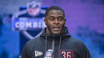 INDIANAPOLIS, IN - FEBRUARY 27: Darrell Taylor #LB36 of the Tennessee Volunteers speaks to the media on day three of the NFL Combine at Lucas Oil Stadium on February 27, 2020 in Indianapolis, Indiana. (Photo by Michael Hickey/Getty Images)