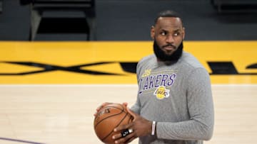 LOS ANGELES, CALIFORNIA - MARCH 20: LeBron James #23 of the Los Angeles Lakers warms up prior to a game against the Atlanta Hawks at Staples Center on March 20, 2021 in Los Angeles, California. NOTE TO USER: User expressly acknowledges and agrees that, by downloading and or using this photograph, User is consenting to the terms and conditions of the Getty Images License Agreement. (Photo by Michael Owens/Getty Images)