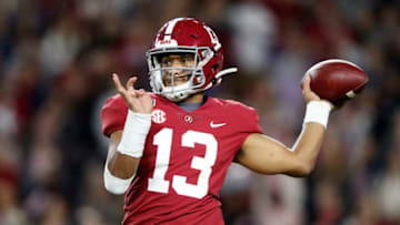 TUSCALOOSA, ALABAMA - NOVEMBER 09: Tua Tagovailoa #13 of the Alabama Crimson Tide throws a pass during the second half against the LSU Tigers in the game at Bryant-Denny Stadium on November 09, 2019 in Tuscaloosa, Alabama. (Photo by Todd Kirkland/Getty Images)