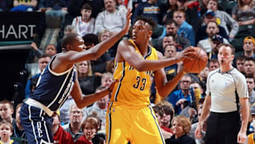 Mar 19, 2016; Indianapolis, IN, USA; Indiana Pacers center Myles Turner (33) is guarded by Oklahoma City Thunder forward Kevin Durant (35) at Bankers Life Fieldhouse. Oklahoma City defeats Indiana 115-111. Mandatory Credit: Brian Spurlock-USA TODAY Sports