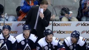 Nov 28, 2015; Denver, CO, USA; Colorado Avalanche head coach Patrick Roy calls out in the first period against the Winnipeg Jets at the Pepsi Center. Mandatory Credit: Ron Chenoy-USA TODAY Sports