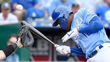 Kansas City Royals' Jorge Soler is hit by a pitch from New York Yankees starting pitcher Sonny Gray in the seventh inning on Sunday, May 20, 2018, at Kauffman Stadium in Kansas City, Mo. (John Sleezer/Kansas City Star/TNS via Getty Images)