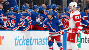 NEW YORK, NY - JANUARY 31: Artemi Panarin #10 of the New York Rangers celebrates with teammates after scoring a goal in the second period against the Detroit Red Wings at Madison Square Garden on January 31, 2020 in New York City. (Photo by Jared Silber/NHLI via Getty Images)