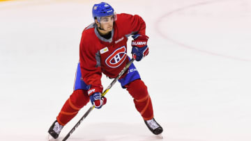BROSSARD, QC - JULY 03: Look on Montreal Canadiens Rookie defenseman Josh Brook (45) skating during the Montreal Canadiens Development Camp on July 3, 2017, at Bell Sports Complex in Brossard, QC (Photo by David Kirouac/Icon Sportswire via Getty Images)