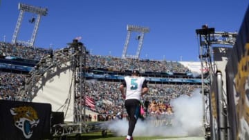 Oct 5, 2014; Jacksonville, FL, USA; Jacksonville Jaguars quarterback Blake Bortles (5) is introduced as the Steelers beat the Jacksonville Jaguars 17-9 at EverBank Field. Mandatory Credit: David Manning-USA TODAY Sports