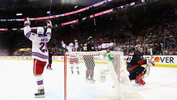 RALEIGH, NORTH CAROLINA - MAY 26: The New York Rangers celebrate a goal against the Carolina Hurricanes in Game Five of the Second Round of the 2022 Stanley Cup Playoffs at PNC Arena on May 26, 2022 in Raleigh, North Carolina. (Photo by Bruce Bennett/Getty Images)