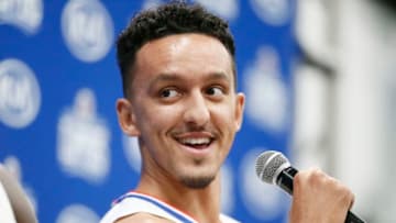 PLAYA VISTA, CA - SEPTEMBER 29: A close up shot of Landry Shamet #20 of the LA Clippers speaking during a press conference at media day on September 29, 2019 at the Honey Training Center: Home of the LA Clippers in Playa Vista, California. NOTE TO USER: User expressly acknowledges and agrees that, by downloading and/or using this photograph, user is consenting to the terms and conditions of the Getty Images License Agreement. Mandatory Copyright Notice: Copyright 2019 NBAE (Photo by Chris Elise/NBAE via Getty Images)