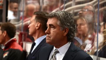 GLENDALE, AZ - APRIL 08: Head coach Dave Tippett of the Arizona Coyotes looks on from the bench during a game against the Minnesota Wild at Gila River Arena on April 8, 2017 in Glendale, Arizona. (Photo by Norm Hall/NHLI via Getty Images)