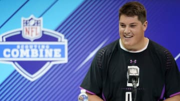 INDIANAPOLIS, IN - MARCH 01: Nevada offensive lineman Austin Corbett speaks to the media during NFL Combine press conferences at the Indiana Convention Center on March 1, 2018 in Indianapolis, Indiana. (Photo by Joe Robbins/Getty Images)