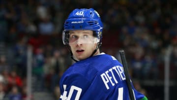 VANCOUVER, BC - NOVEMBER 5: Elias Pettersson #40 of the Vancouver Canucks looks on from the bench during their NHL game against the St. Louis Blues at Rogers Arena November 5, 2019 in Vancouver, British Columbia, Canada. St. Louis won 2-1. (Photo by Jeff Vinnick/NHLI via Getty Images)