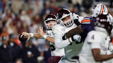 Nov 12, 2022; Auburn, Alabama, USA; Texas A&M Aggies quarterback Conner Weigman (15) looks for a receiver during the third quarter against the Auburn Tigers at Jordan-Hare Stadium. Mandatory Credit: John Reed-USA TODAY Sports