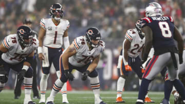 FOXBOROUGH, MA - OCTOBER 24: Teven Jenkins #76 of the Chicago Bears lines up before a play during an NFL football game against the New England Patriots at Gillette Stadium on October 24, 2022 in Foxborough, Massachusetts. (Photo by Kevin Sabitus/Getty Images)