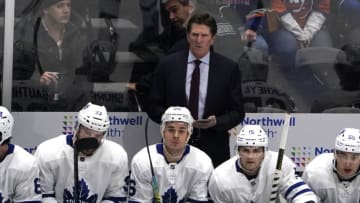 UNIONDALE, NY - NOVEMBER 13: Toronto Maple Leafs Head Coach Mike Babcock looks on from the bench during the first period of the National Hockey League game between the Toronto Maple Leafs and the New York Islanders on November 13, 2019, at the Nassau Veterans Memorial Coliseum in Uniondale, NY. (Photo by Gregory Fisher/Icon Sportswire via Getty Images)