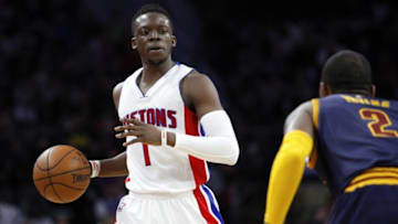 Apr 24, 2016; Auburn Hills, MI, USA; Detroit Pistons guard Reggie Jackson (1) is defended by Cleveland Cavaliers guard Kyrie Irving (2) during the second quarter in game four of the first round of the NBA Playoffs at The Palace of Auburn Hills. Mandatory Credit: Raj Mehta-USA TODAY Sports