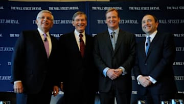 NBA Commissioner David Stern, MLB Commissioner Bud Selig, NFL Commissioner Roger Goodell and NHL Commissioner Gary Bettman pose for a photograph before participating in a panel discussion in New York, May 6, 2009. (Photo by Jeff Zelevansky/Icon SMI/Corbis via Getty Images)