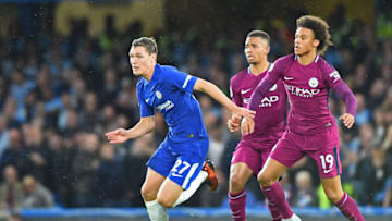 Chelsea Defender Andreas Christensen (27) breaks away from Manchester City midfielder Leroy Sane (19) during the Premier League match between Chelsea and Manchester City at Stamford Bridge, London, England on 30 Sept 2017. (Photo by Kieran Galvin/NurPhoto via Getty Images)