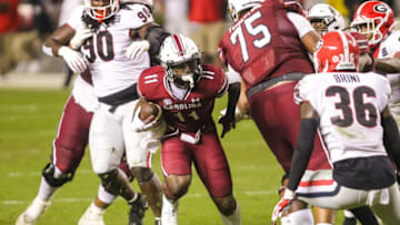 Nov 28, 2020; Columbia, South Carolina, USA; South Carolina Gamecocks running back ZaQuandre White (11) rushes against the Georgia Bulldogs during the fourth quarter at Williams-Brice Stadium. Mandatory Credit: Jeff Blake-USA TODAY