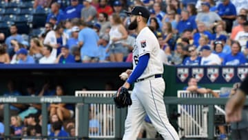 KANSAS CITY, MO - JULY 02: Kansas City Royals starting pitcher Jakob Junis (65) reacts after giving up a grand slam home run to Cleveland Indians shortstop Francisco Lindor (12) during a Major League Baseball game between the Cleveland Indians and the Kansas City Royals on July 02, 2018, at Kauffman Stadium, Kansas City, MO. (Photo by Keith Gillett/Icon Sportswire via Getty Images)
