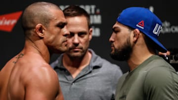 FORTALEZA, BRAZIL - MARCH 10: Opponents Vitor Belfort (L) of Brazil and Kelvin Gastelum of the United States face off during the UFC Fight Night weigh-in at CFO - Centro de Formaco Olmpica on March 10, 2017 in Fortaleza, Brazil. (Photo by Buda Mendes/Zuffa LLC/Zuffa LLC via Getty Images)