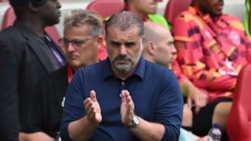 Tottenham Hotspur's Greek-Australian Head Coach Ange Postecoglou gestures on the touchline during the English Premier League football match between Brentford and Tottenham Hotspur at Gtech Community Stadium in London on August 13, 2023. (Photo by JUSTIN TALLIS / AFP) / RESTRICTED TO EDITORIAL USE. No use with unauthorized audio, video, data, fixture lists, club/league logos or 'live' services. Online in-match use limited to 120 images. An additional 40 images may be used in extra time. No video emulation. Social media in-match use limited to 120 images. An additional 40 images may be used in extra time. No use in betting publications, games or single club/league/player publications. / (Photo by JUSTIN TALLIS/AFP via Getty Images)