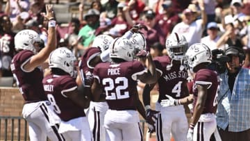 Sep 24, 2022; Starkville, Mississippi, USA; Mississippi State Bulldogs players react after a touchdown against the Bowling Green Falcons during the second quarter at Davis Wade Stadium at Scott Field. Mandatory Credit: Matt Bush-USA TODAY Sports
