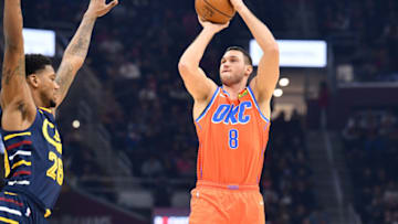CLEVELAND, OHIO - JANUARY 04: Danilo Gallinari #8 of the Oklahoma City Thunder shoots over Alfonzo McKinnie #28 of the Cleveland Cavaliers during the first half at Rocket Mortgage Fieldhouse on January 04, 2020 in Cleveland, Ohio. NOTE TO USER: User expressly acknowledges and agrees that, by downloading and/or using this photograph, user is consenting to the terms and conditions of the Getty Images License Agreement. (Photo by Jason Miller/Getty Images)