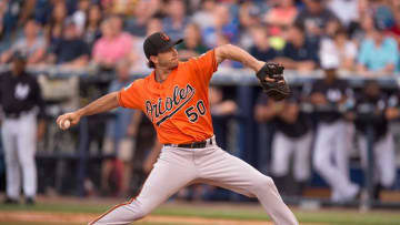 Mar 18, 2016; Tampa, FL, USA; Baltimore Orioles starting pitcher Miguel Gonzalez (50) pitches against the New York Yankees during the game at George M. Steinbrenner Field. The Orioles defeat the Yankees 11-2. Mandatory Credit: Jerome Miron-USA TODAY Sports