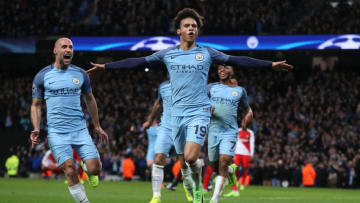 MANCHESTER, ENGLAND - FEBRUARY 21: Leroy Sane of Manchester City celebrates scoring his team's fifth goal to make the score 5-3 during the UEFA Champions League Round of 16 first leg match between Manchester City FC and AS Monaco at Etihad Stadium on February 21, 2017 in Manchester, United Kingdom. (Photo by Matthew Ashton - AMA/Getty Images)